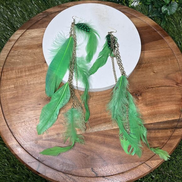 Earrings Women Gold Tone Green Feather‎ Earrings Dangle Drop 10 Inches 2126 - Picture 3 of 5